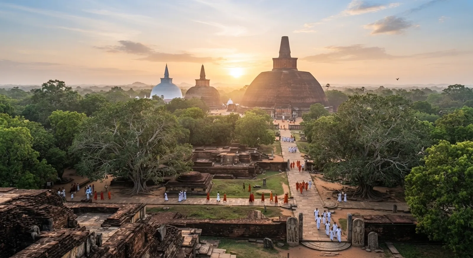 Ancient stupas at Anuradhapura at sunrise, with monks and pilgrims walking the grounds