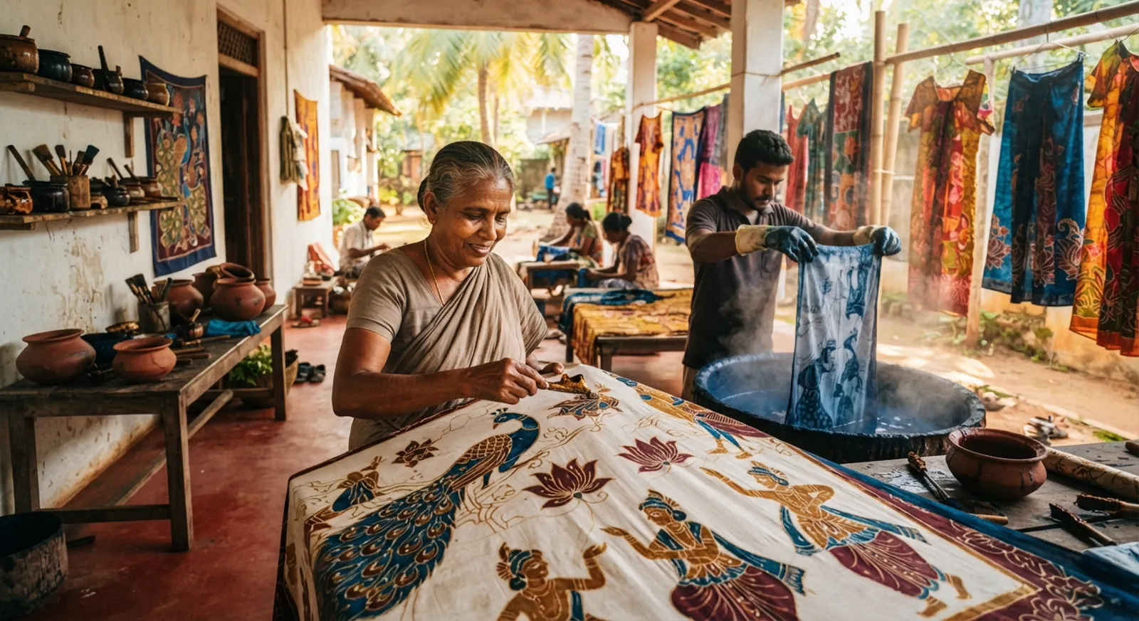 Batik textile artisans hand-painting fabric at a workshop near Galle, Sri Lanka