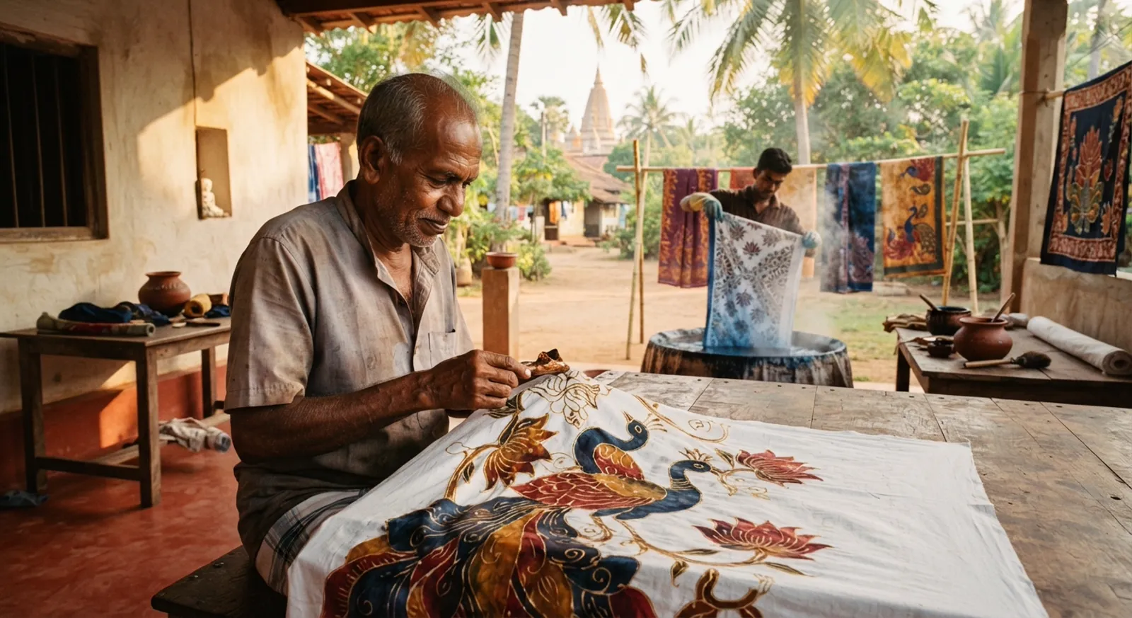 A craftsman hand-painting a batik textile with peacocks and traditional motifs, near Galle