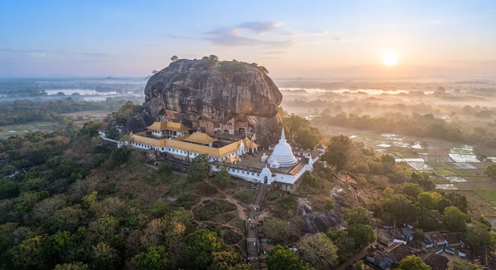 Ancient cave temple complex at Dambulla, Sri Lanka, at sunrise