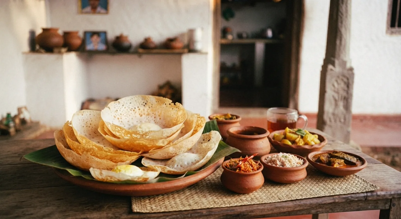 A plate of egg hoppers and string hoppers with small bowls of curry, a classic Sri Lankan breakfast