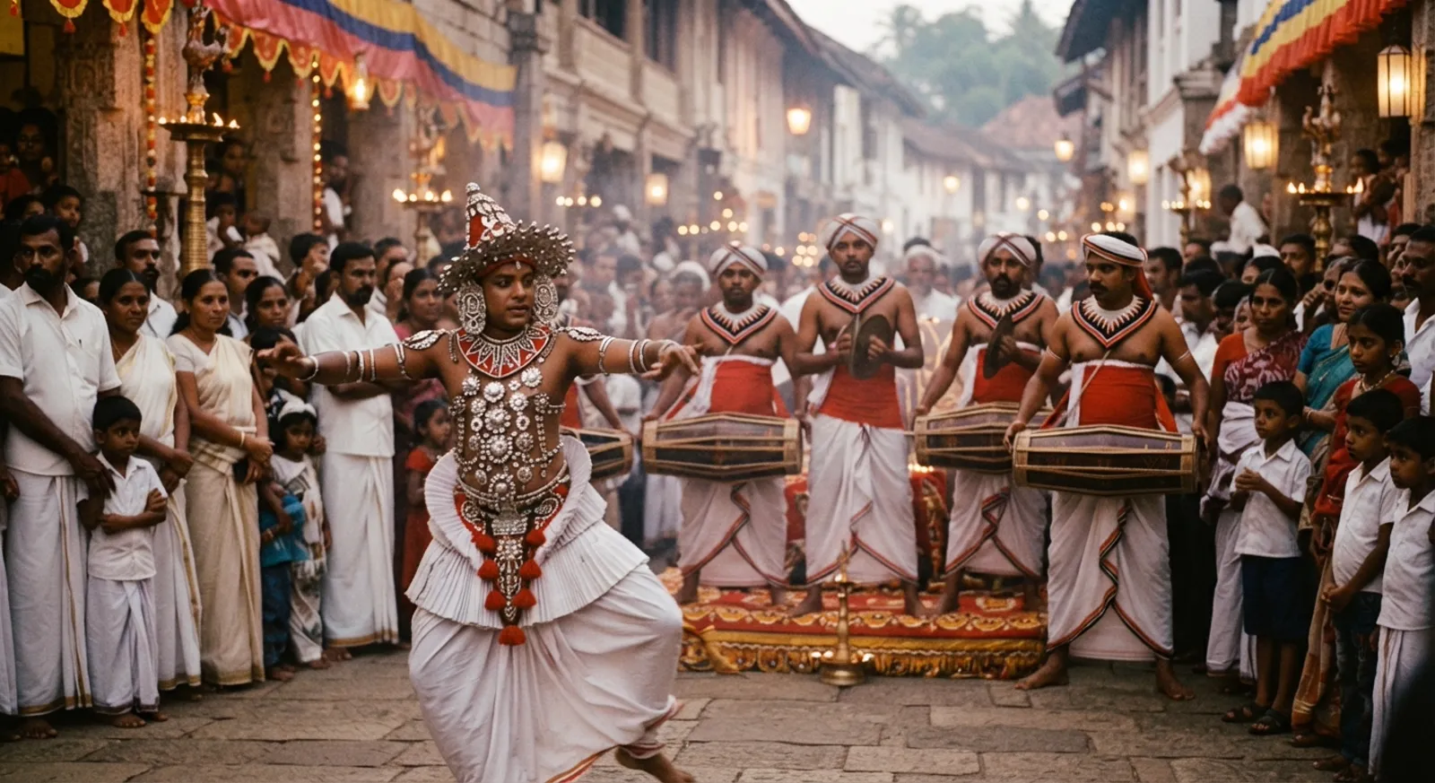 A Kandyan dancer in traditional headdress performing at a torch-lit temple ceremony