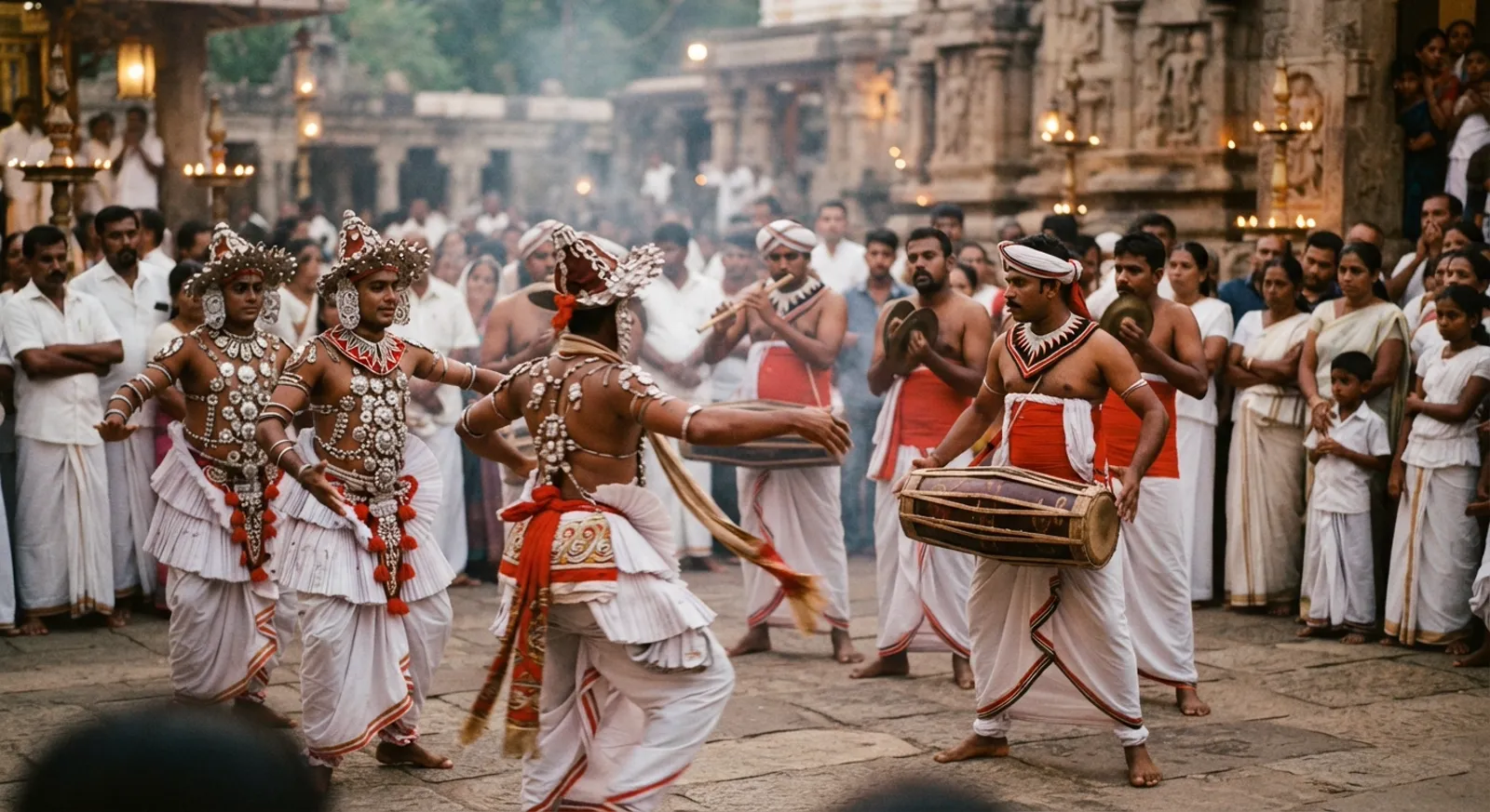Traditional Kandyan dancers and drummers performing in a torch-lit street procession in Kandy