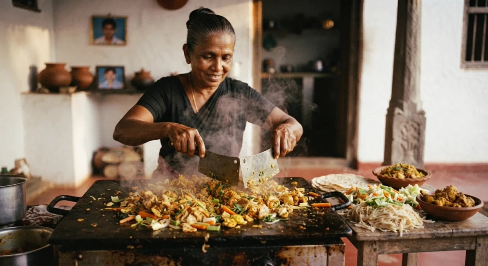 A cook chopping kottu roti on a hot griddle with two metal blades, steam rising