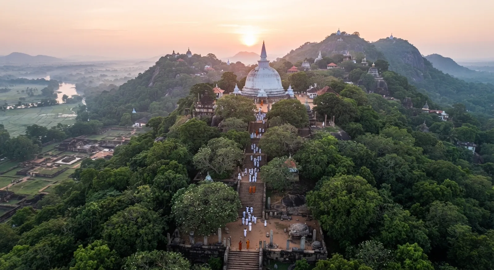 Pilgrims in white climbing steps toward an ancient stupa in Sri Lanka at sunrise