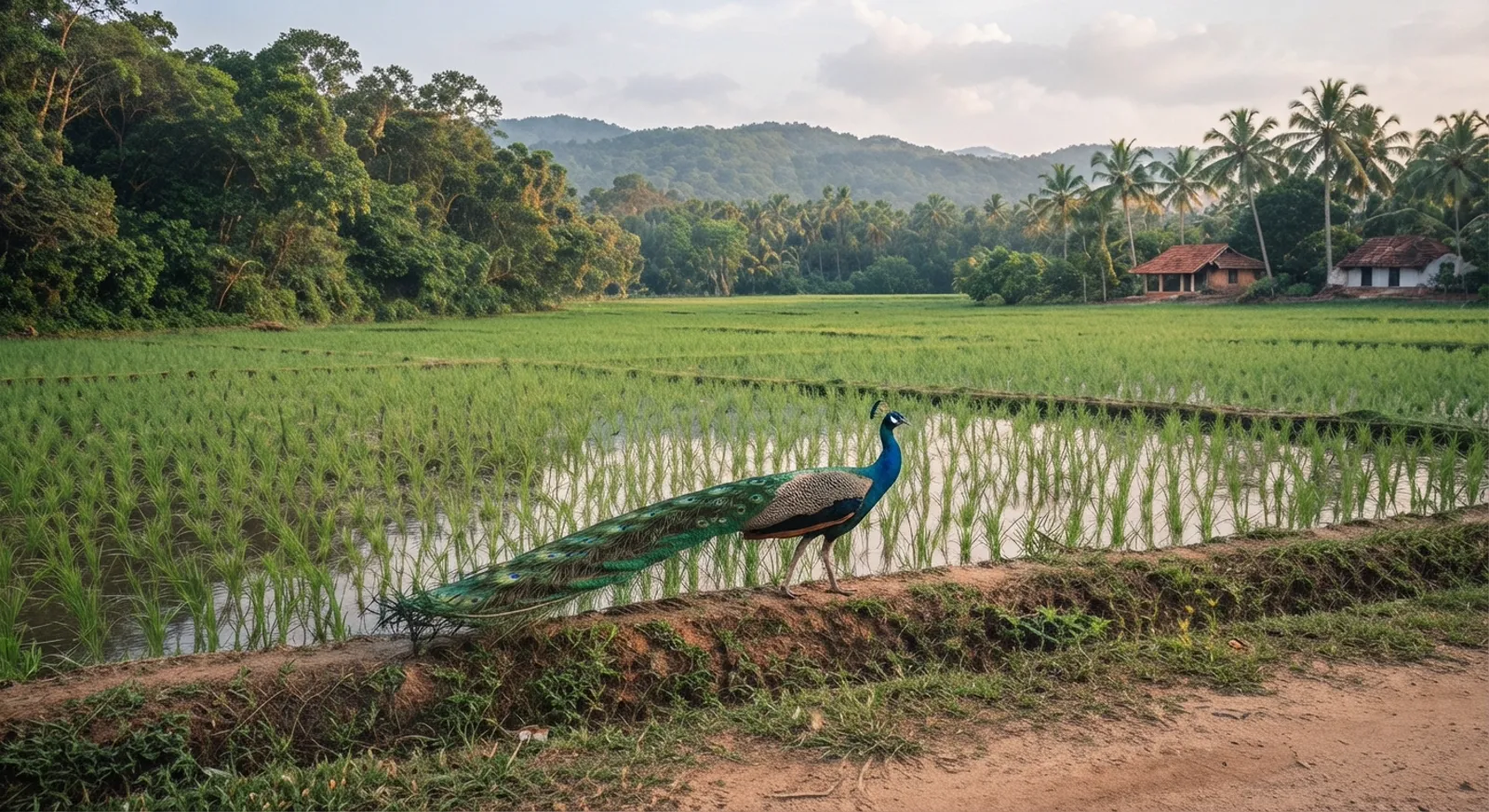 A peacock with its tail down walking beside a rice paddy field in rural Sri Lanka