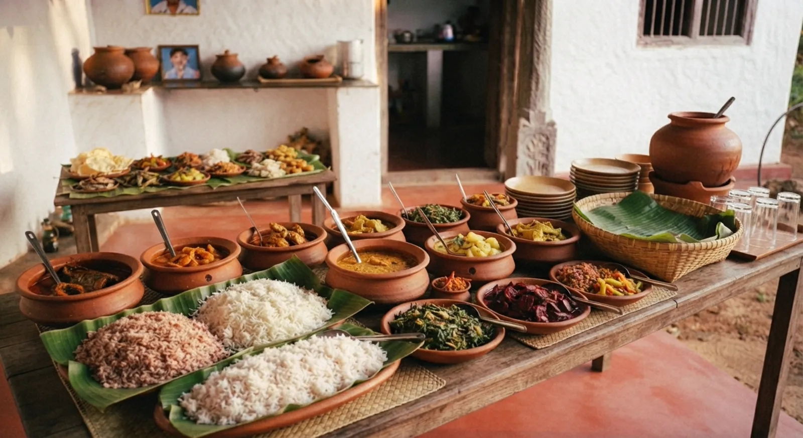 A full Sri Lankan rice and curry spread laid out on banana leaves and clay pots, with multiple side curries