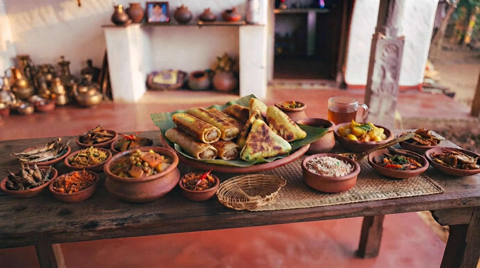 A Sri Lankan short eats spread with rolls, patties and small curries laid out on a table