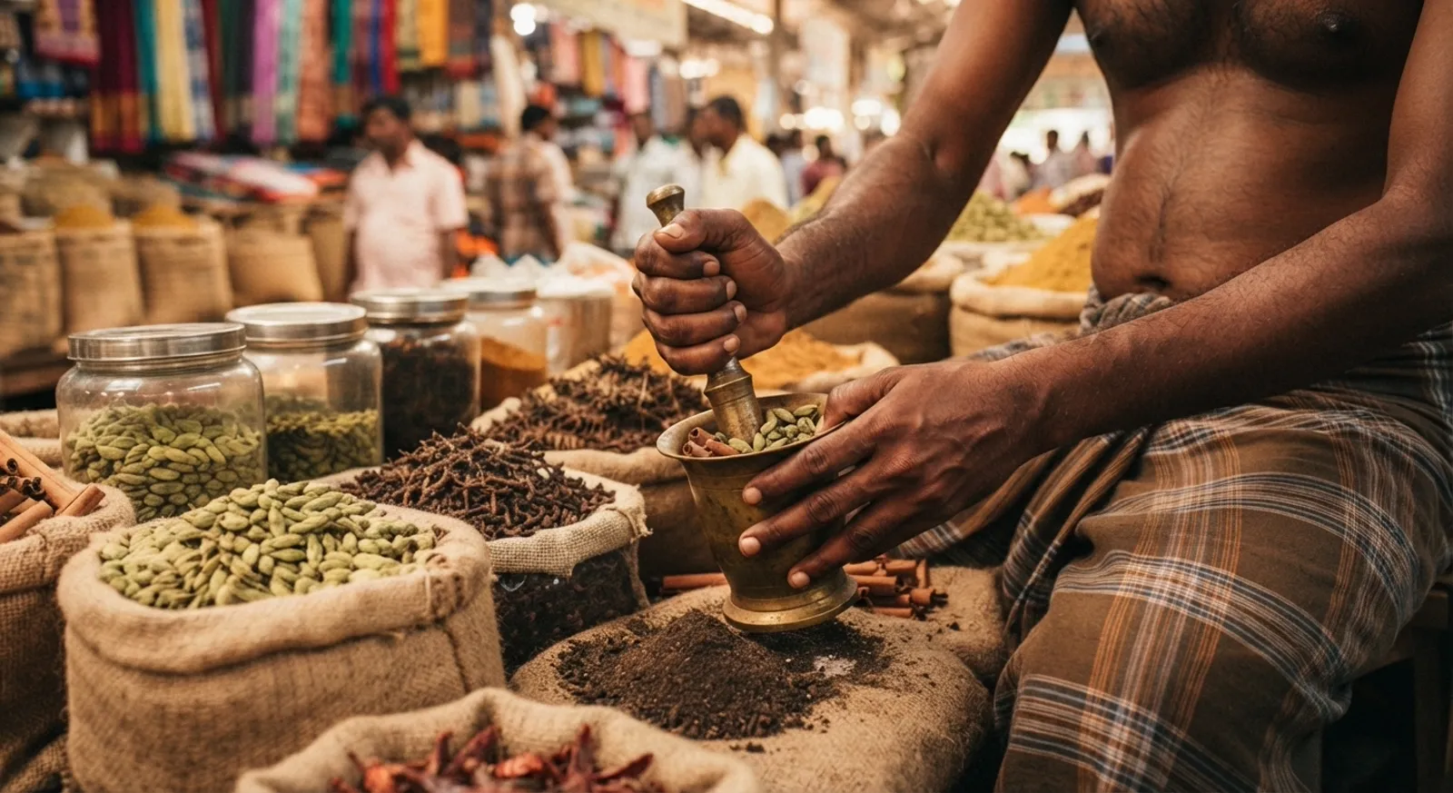 Hands grinding fresh spices at a Sri Lankan market stall