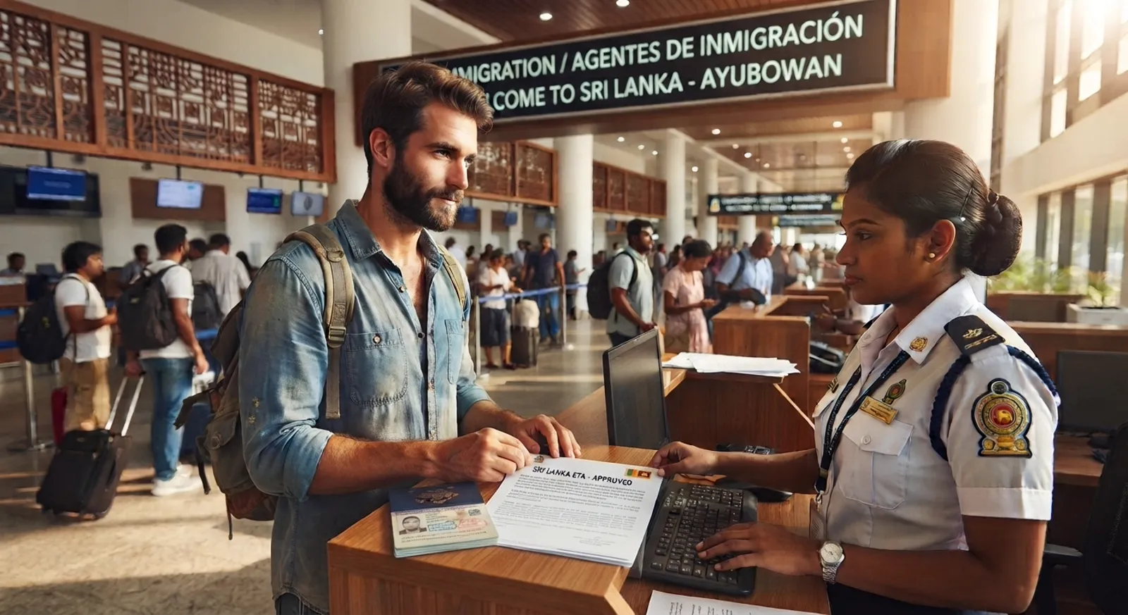 A traveler holding an approved Sri Lanka ETA document at the immigration desk