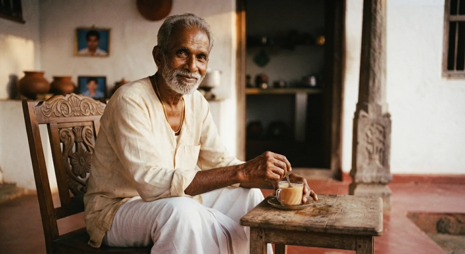 An elderly Sri Lankan man drinking a cup of milk tea at a wooden table