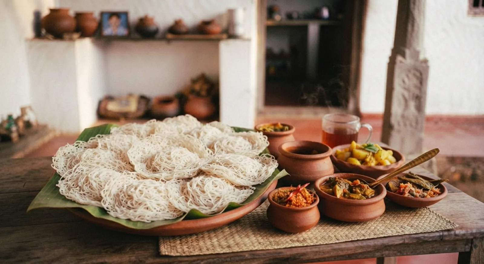 A plate of steamed string hoppers with small bowls of curry and a cup of tea