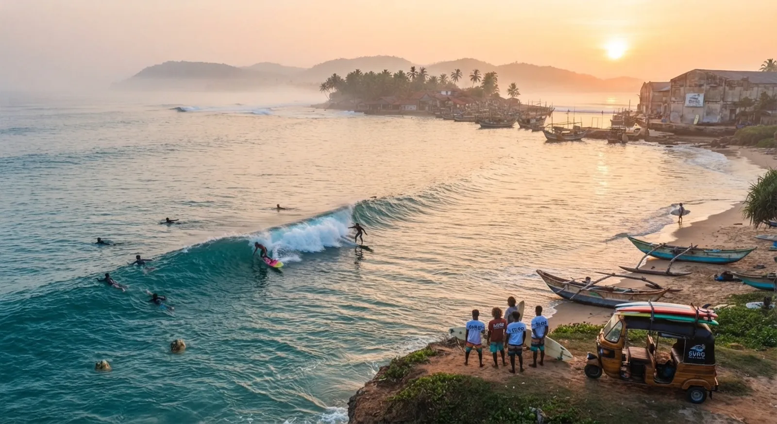 Surfers in the lineup at sunset in Arugam Bay, with locals watching from the rocks and a tuk-tuk loaded with boards