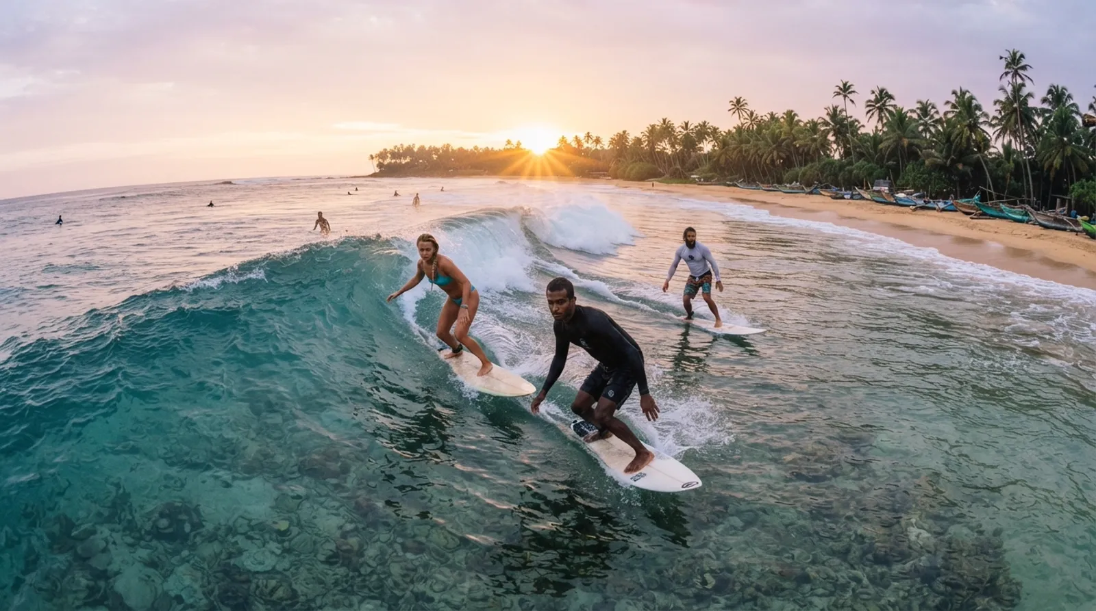 Three surfers riding a wave together at sunset off Sri Lanka's south coast