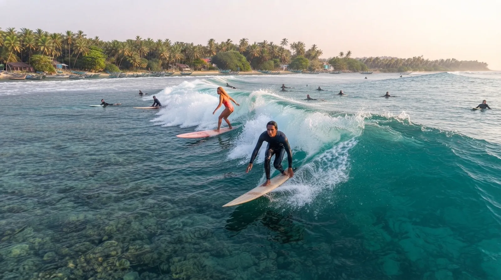Surfers riding a wave together at a south coast Sri Lanka break, with boats and palm trees on shore
