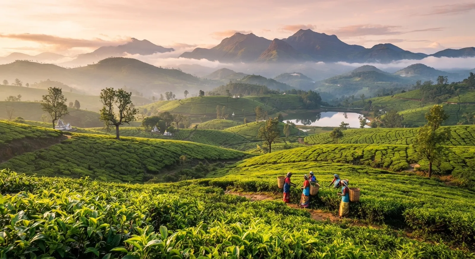 Tea plantation workers in Sri Lanka's hill country, with terraced tea fields and a lake below