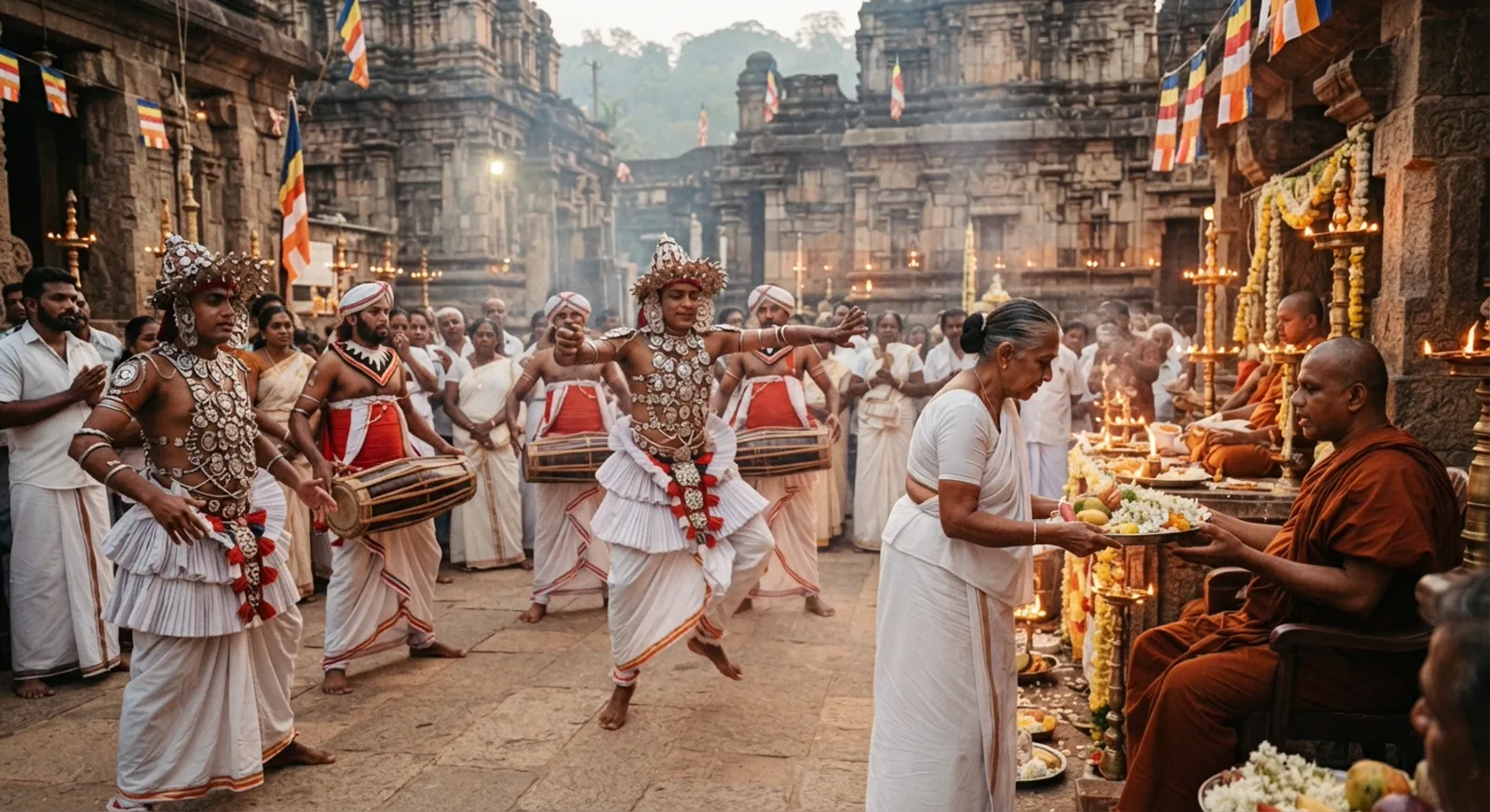 A temple offering ceremony with traditional dancers and a monk receiving offerings in Sri Lanka
