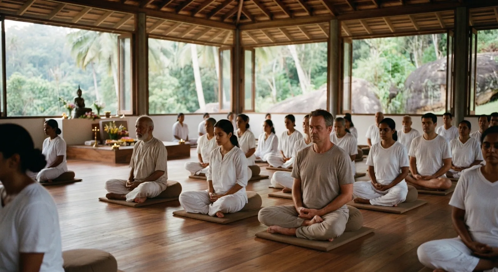 A group of meditators sitting cross-legged in silence in a wooden meditation hall in Sri Lanka