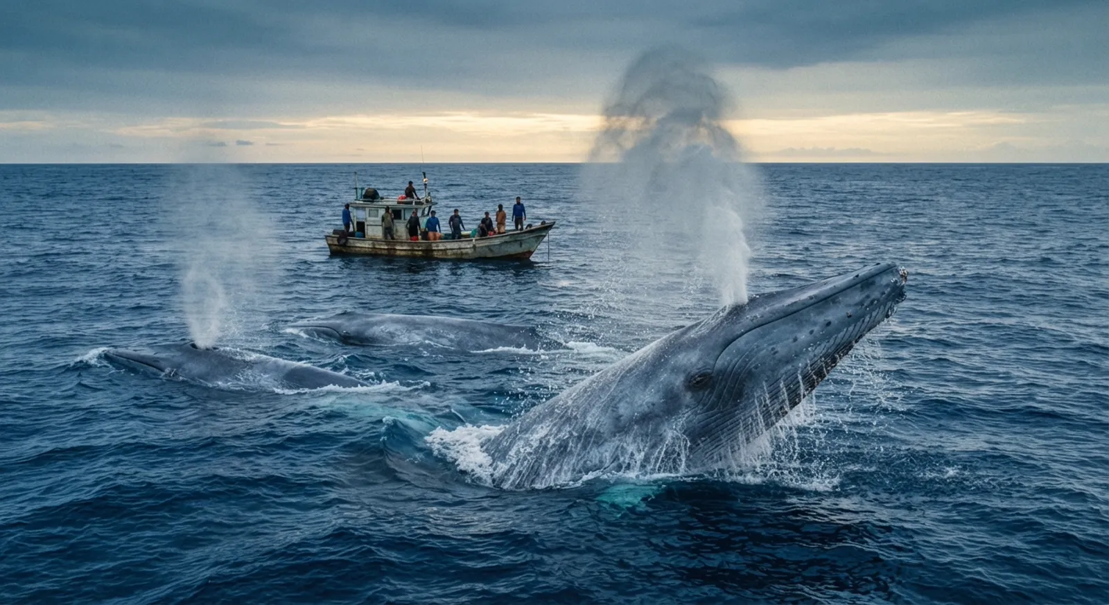 A whale breaching near a small boat off the coast of Mirissa, Sri Lanka