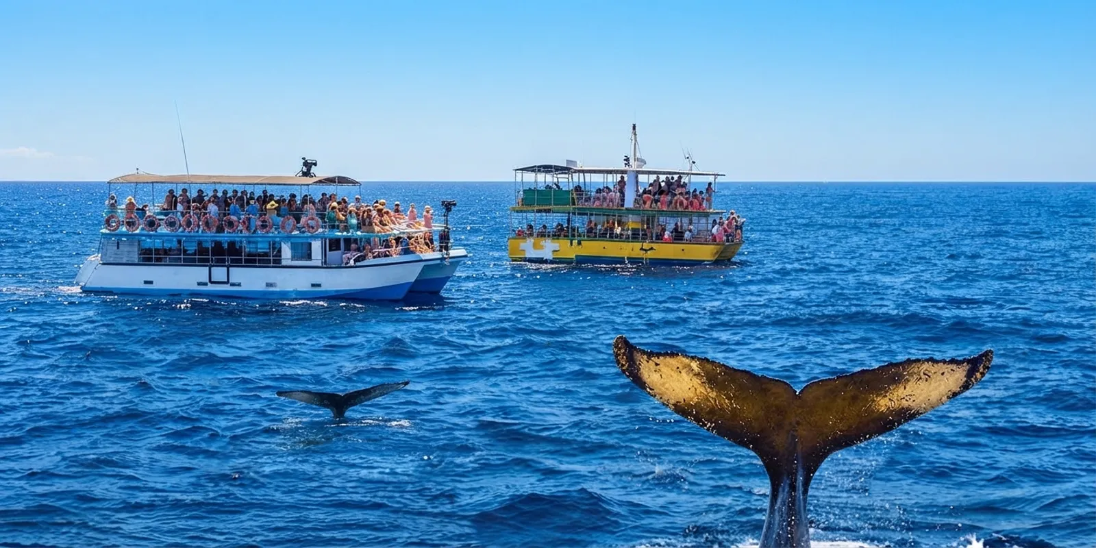 A whale's tail diving near several tourist boats crowded together off Sri Lanka's coast