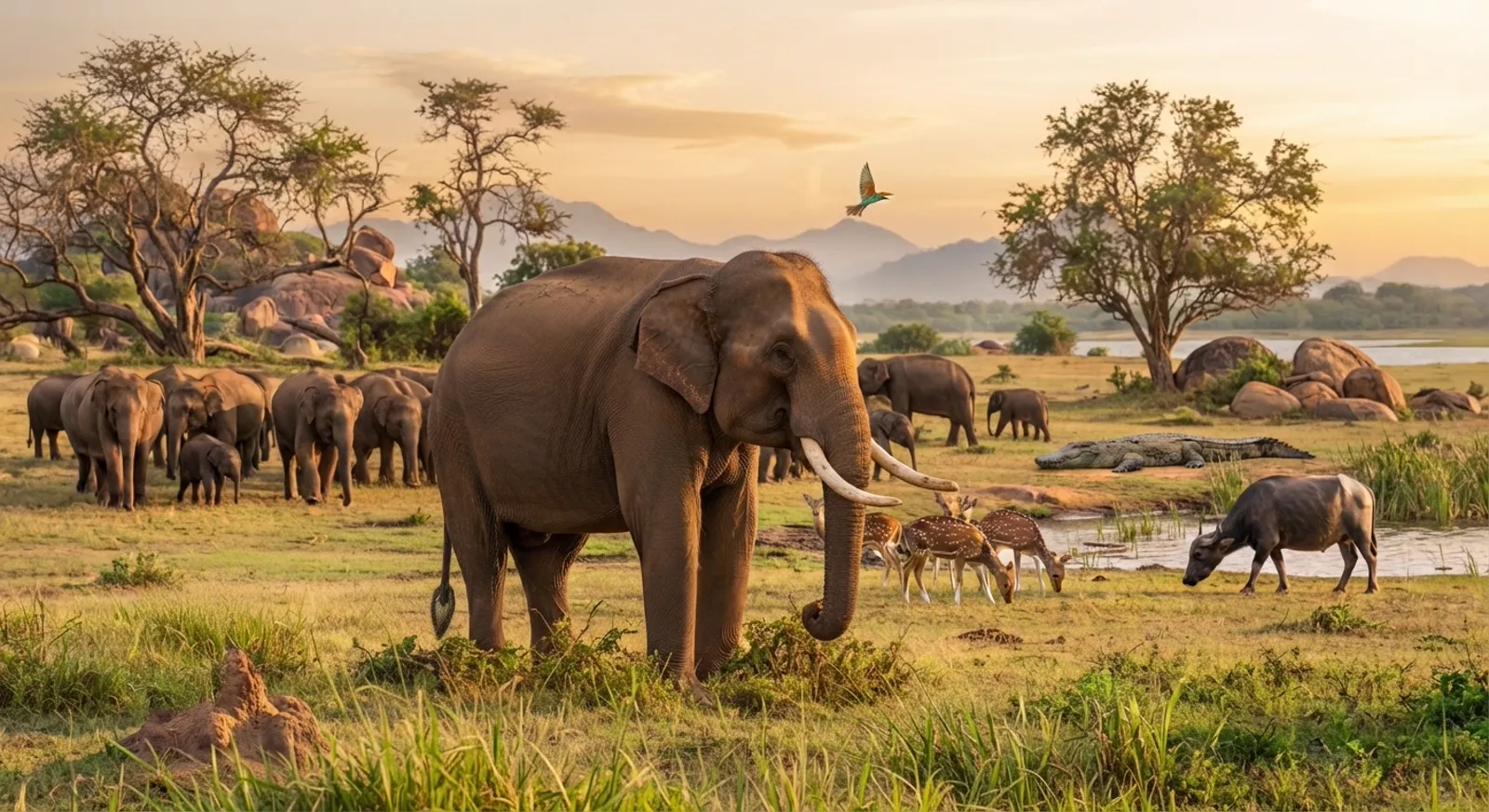 Elephants, deer and other wildlife at a waterhole in Yala National Park, Sri Lanka