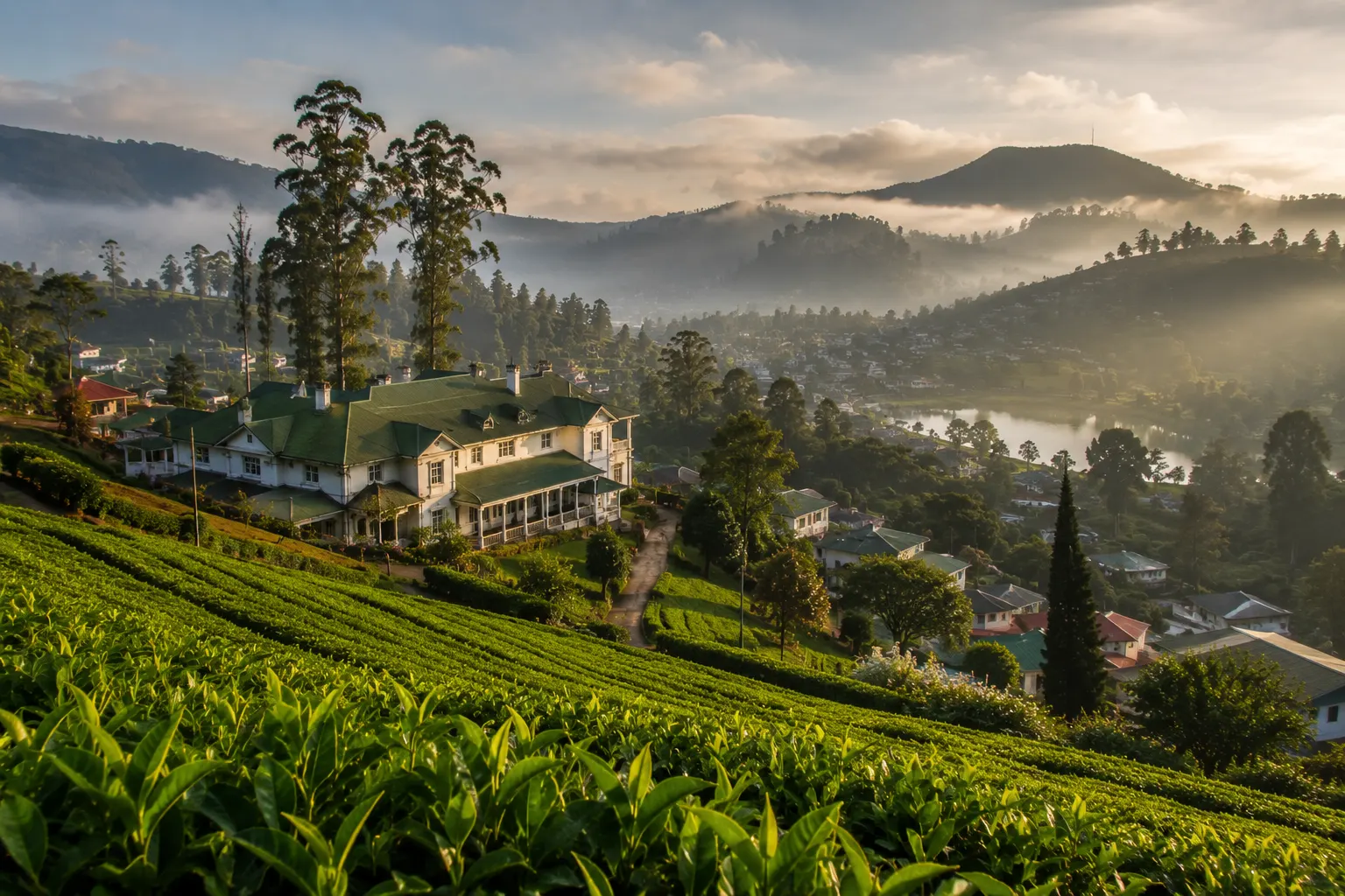 Tea estate hills near Nuwara Eliya in Sri Lanka's central highlands, close to the Nanu Oya railway station